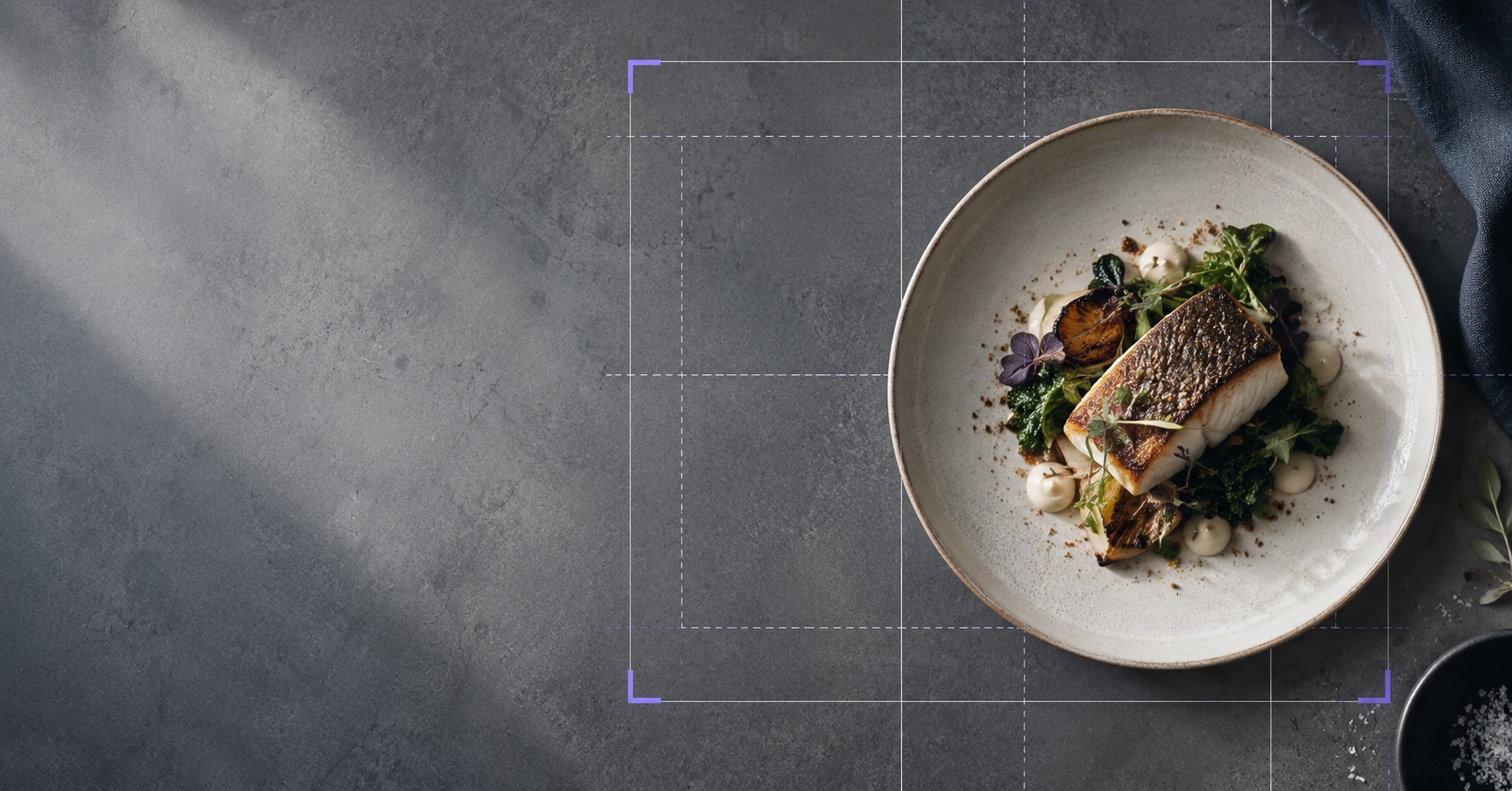 Overhead flat-lay of a plated dish beside a precise architectural alignment grid overlaid on the same surface, representing the split between deterministic constraints and generative creative freedom in an AI image pipeline.