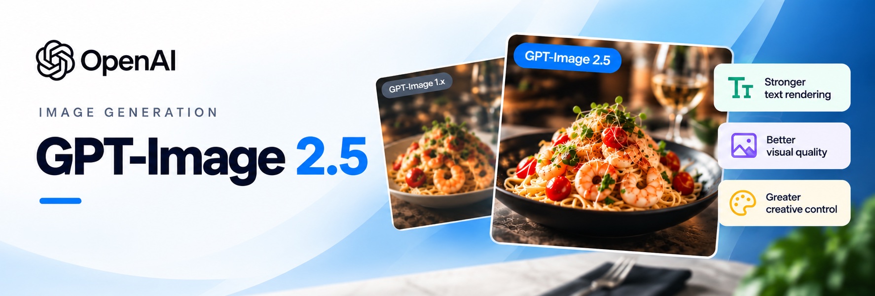 Side-by-side comparison of AI-generated food images showing GPT-Image 1.5 versus GPT-Image 2.5, highlighting stronger text rendering, more natural compositions, and greater creative control. OpenAI branding on a blue gradient background.